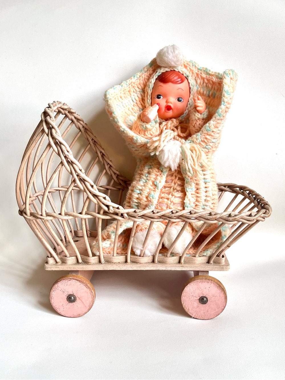Vintage Wicker Doll Cradle Bassinet 1940s Baby Doll Buggy Stroller Pram Carriage